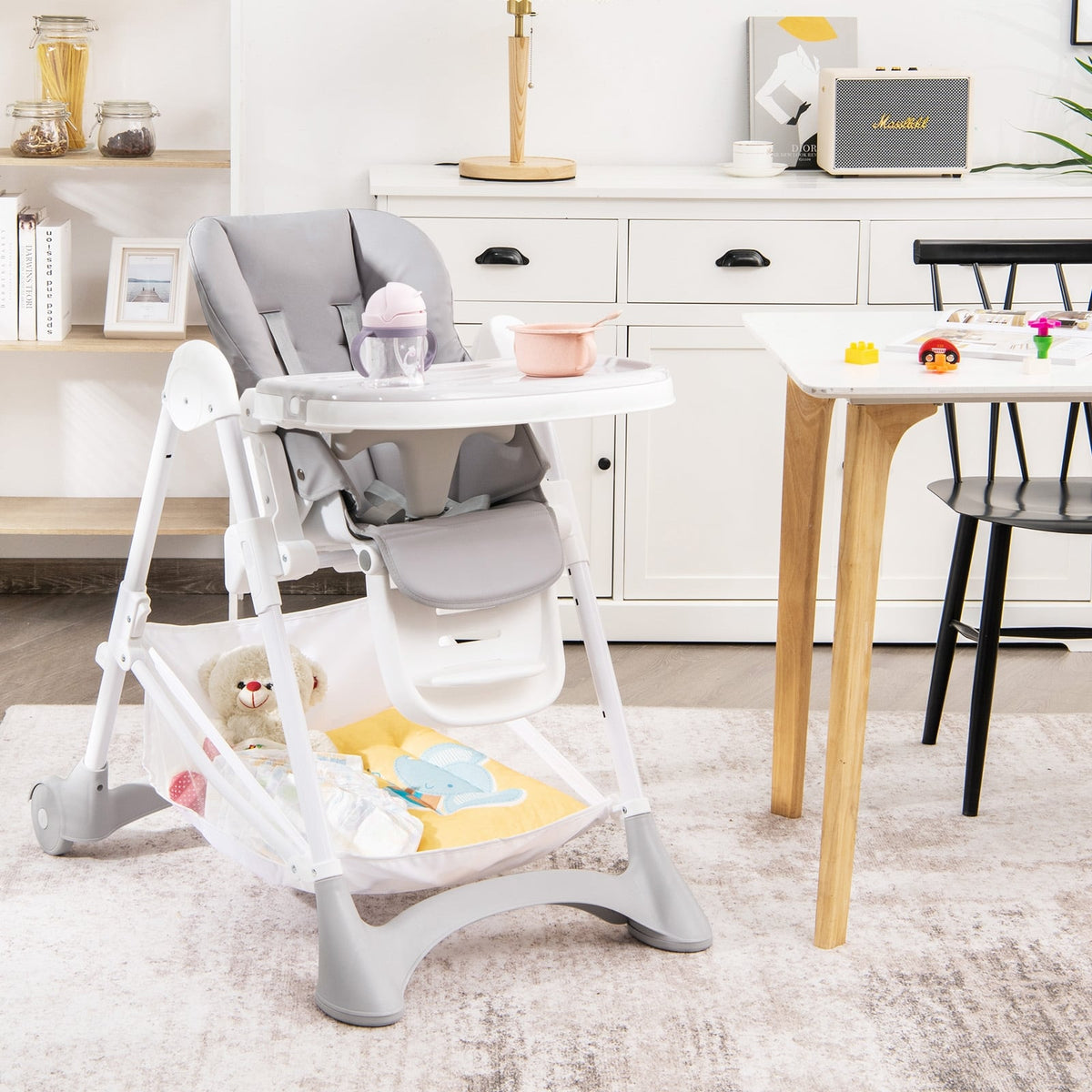 Baby Convertible Folding Adjustable High Chair with Wheel Tray Storage Basket-Gray-High Chairs-DECOROLALA