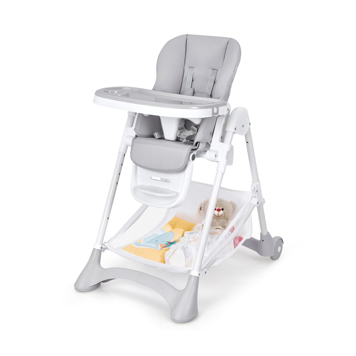 Baby Convertible Folding Adjustable High Chair with Wheel Tray Storage Basket-Gray-High Chairs-DECOROLALA
