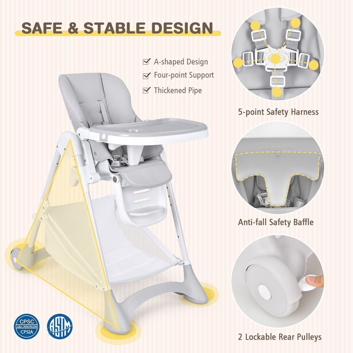 Baby Convertible Folding Adjustable High Chair with Wheel Tray Storage Basket-Gray-High Chairs-DECOROLALA