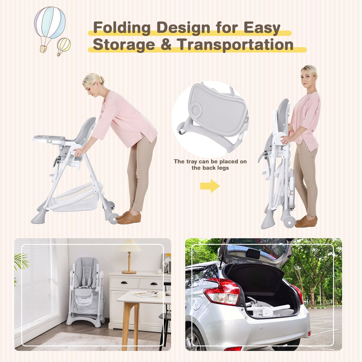 Baby Convertible Folding Adjustable High Chair with Wheel Tray Storage Basket-Gray-High Chairs-DECOROLALA
