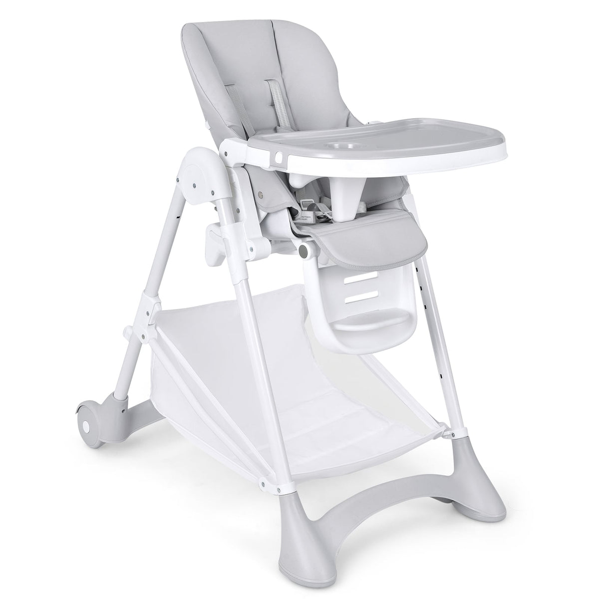 Baby Convertible Folding Adjustable High Chair with Wheel Tray Storage Basket-Gray-High Chairs-DECOROLALA