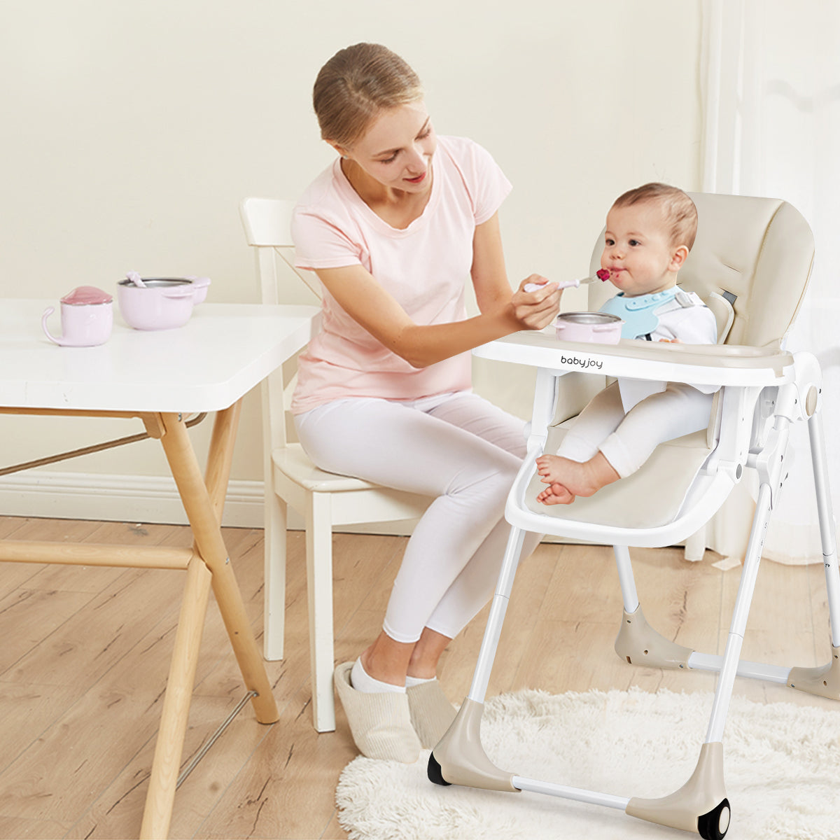 Baby Convertible High Chair with Wheels-Beige-High Chairs-DECOROLALA