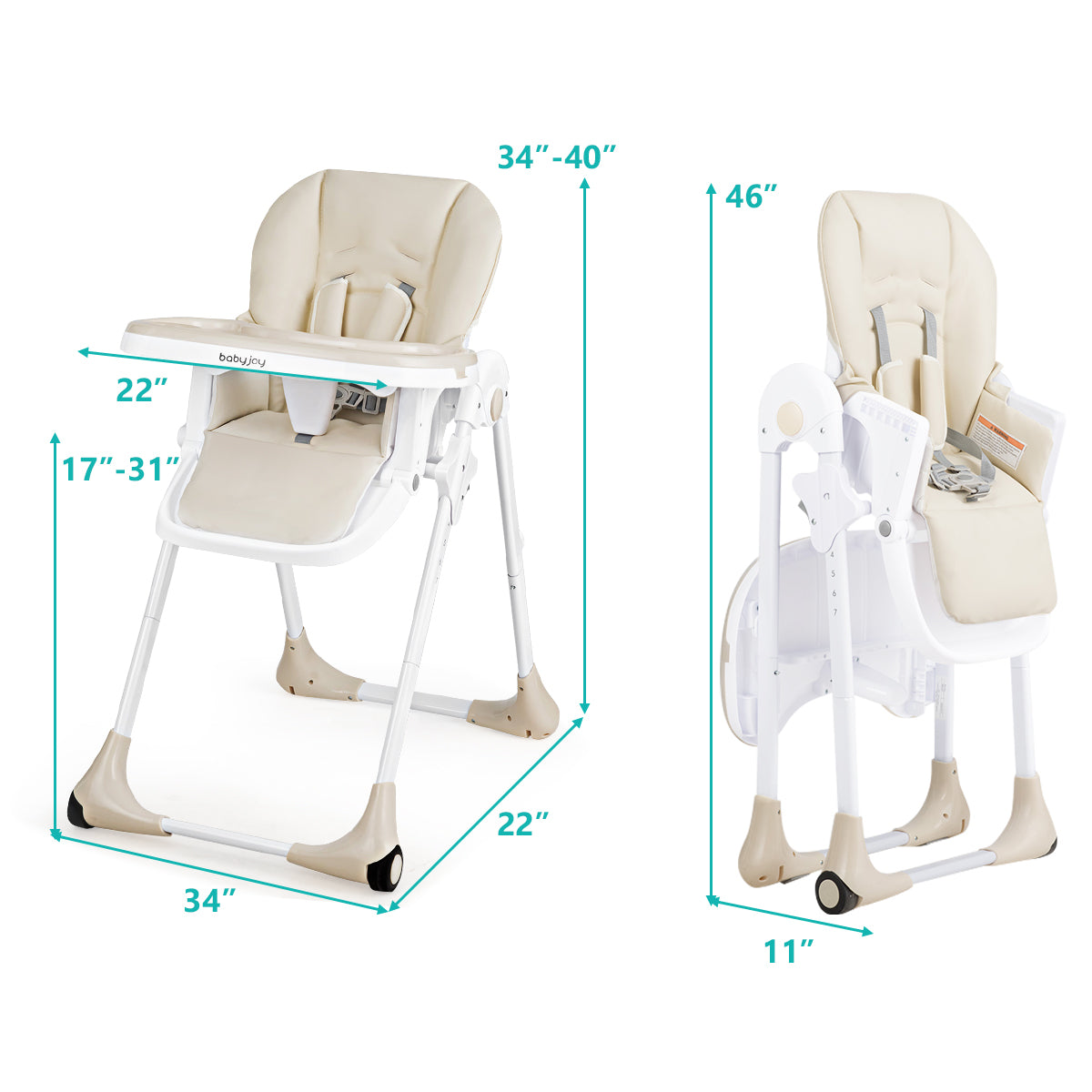 Baby Convertible High Chair with Wheels-Beige-High Chairs-DECOROLALA