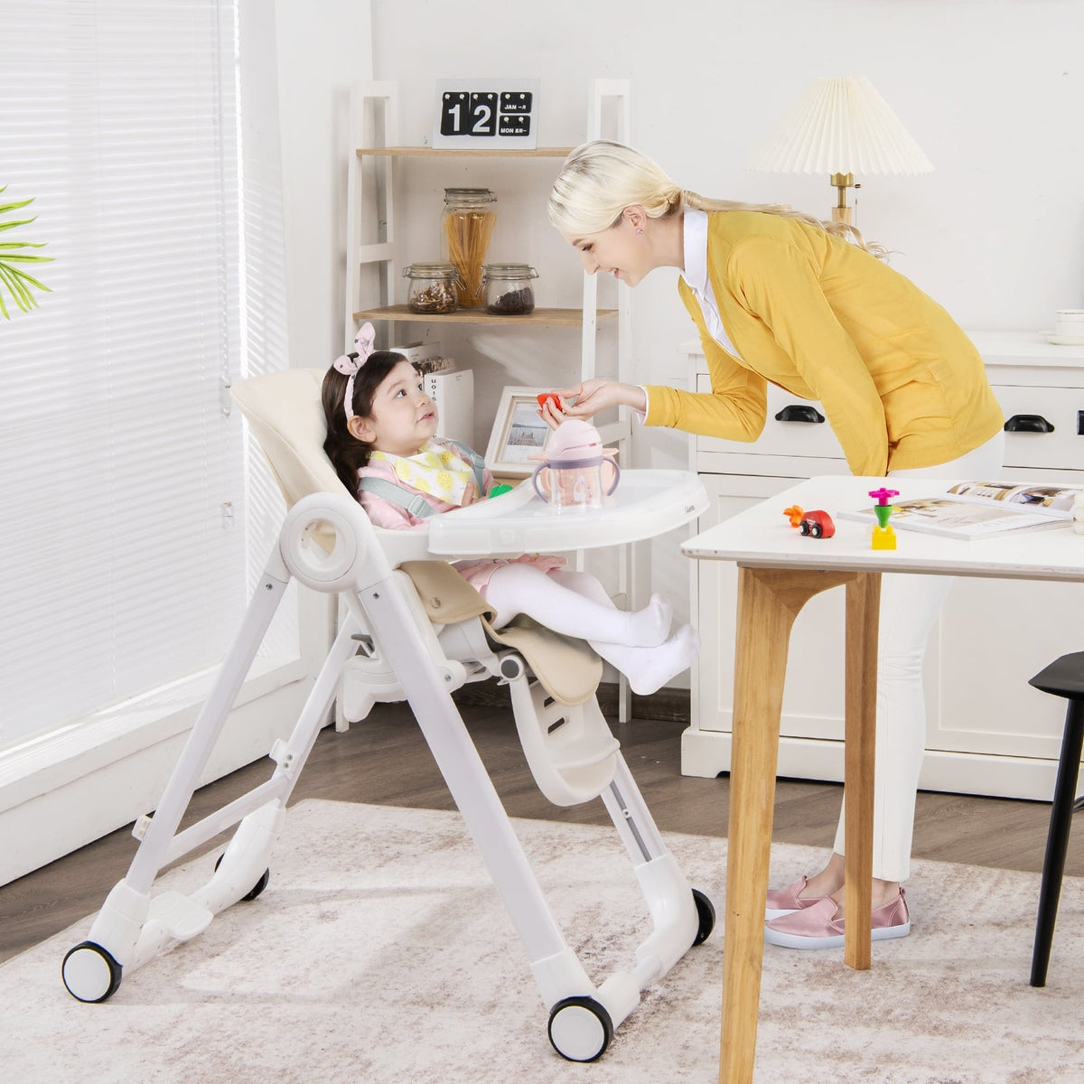 Baby Folding Convertible High Chair with Wheels and Adjustable Height-Beige-High Chairs-DECOROLALA