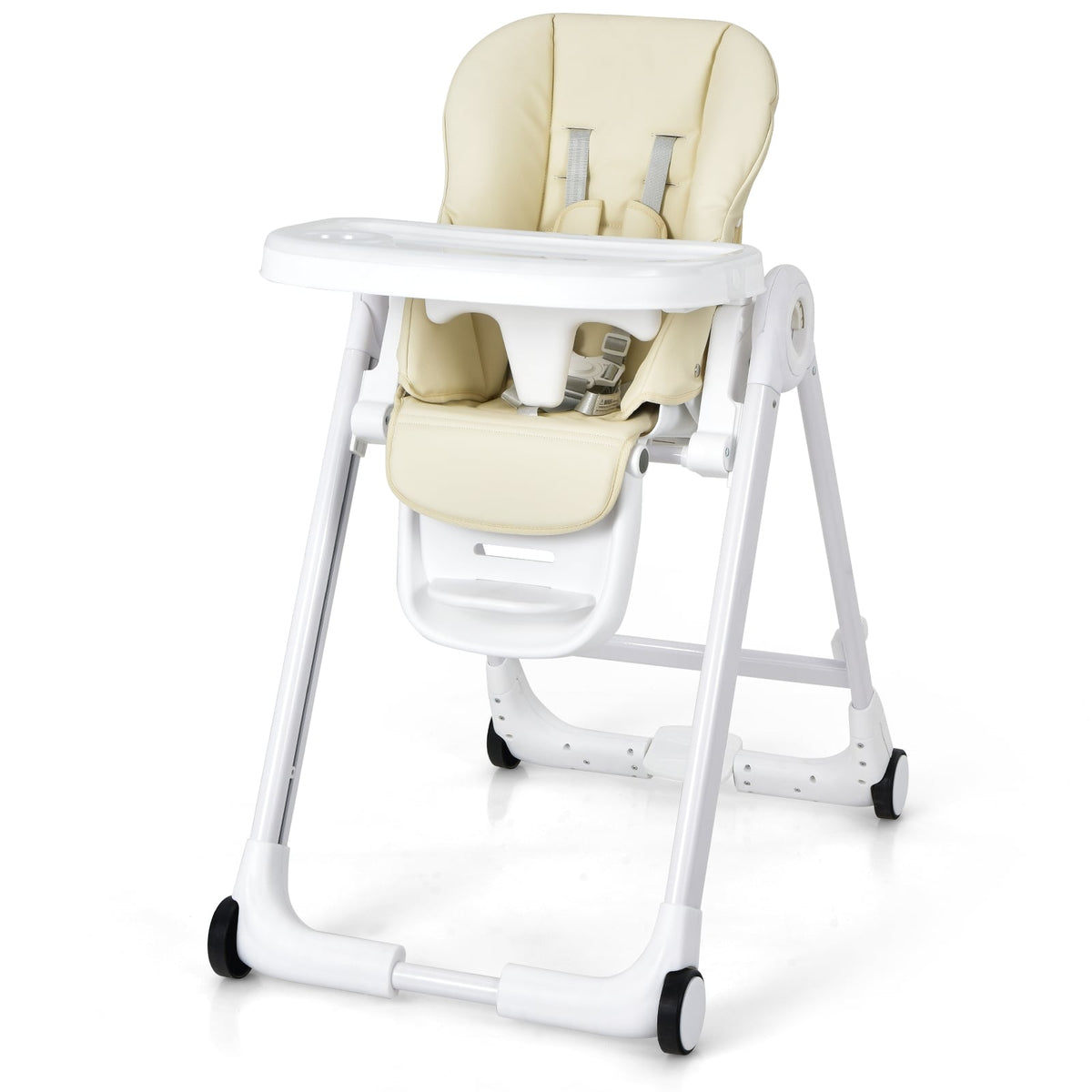 Baby Folding Convertible High Chair with Wheels and Adjustable Height-Beige-High Chairs-DECOROLALA