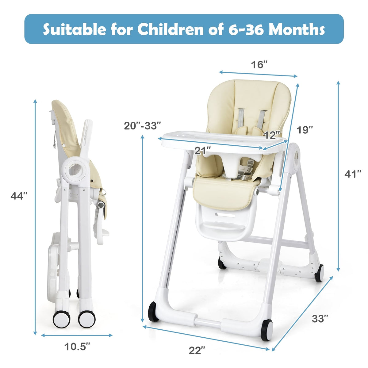 Baby Folding Convertible High Chair with Wheels and Adjustable Height-Beige-High Chairs-DECOROLALA