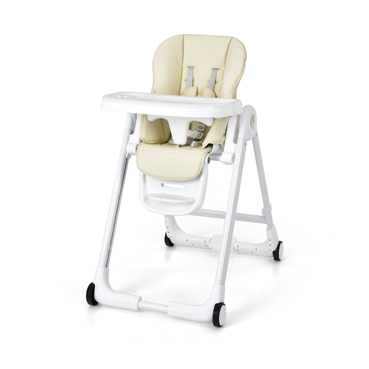 Baby Folding Convertible High Chair with Wheels and Adjustable Height-Beige-High Chairs-DECOROLALA