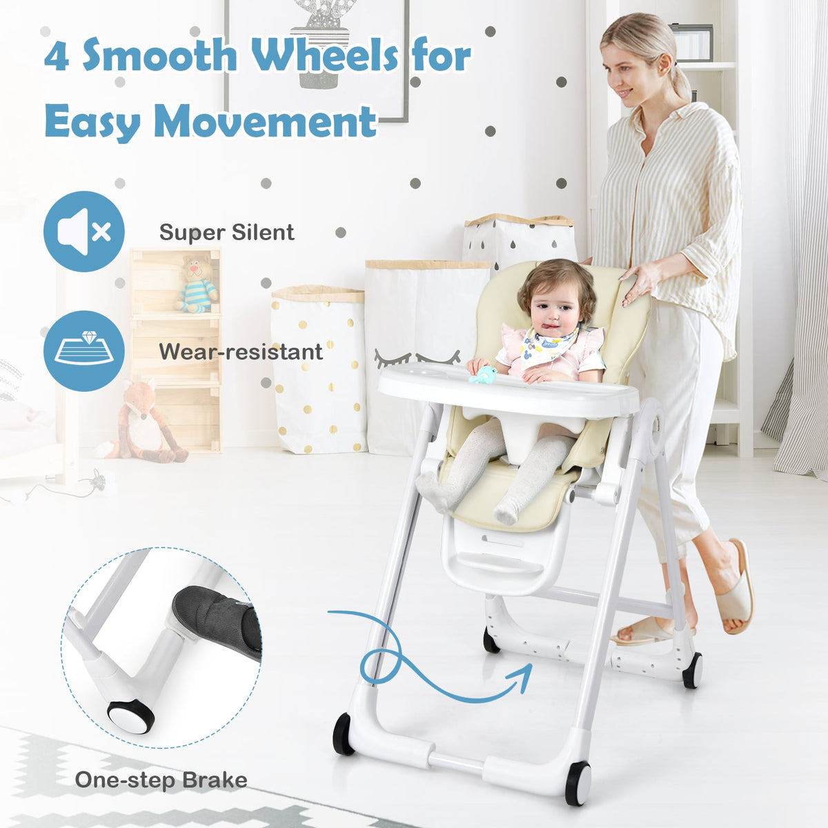 Baby Folding Convertible High Chair with Wheels and Adjustable Height-Beige-High Chairs-DECOROLALA