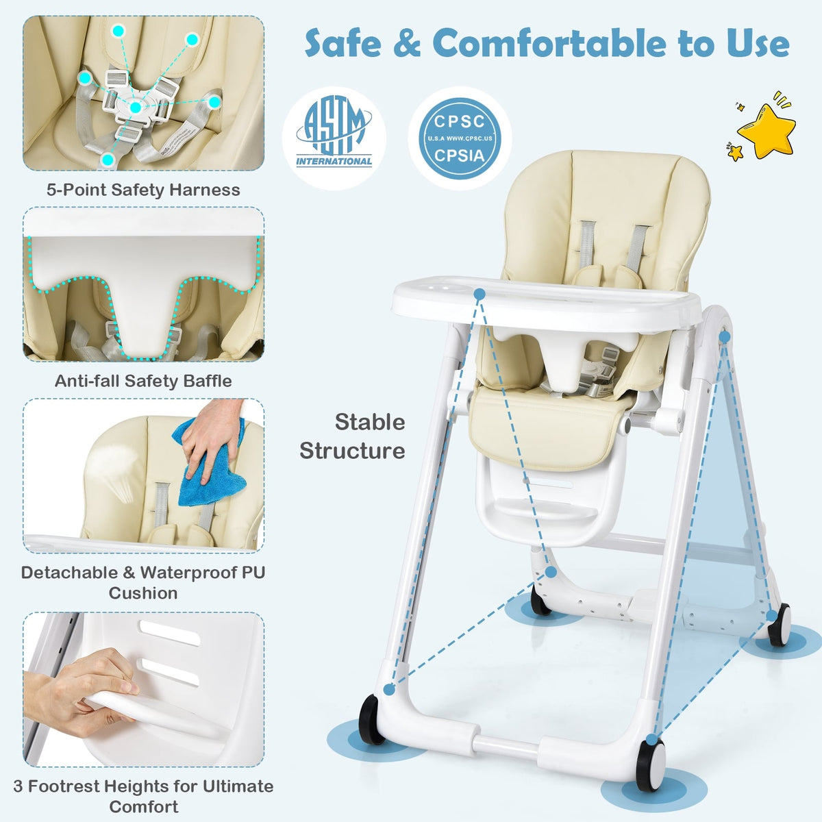 Baby Folding Convertible High Chair with Wheels and Adjustable Height-Beige-High Chairs-DECOROLALA