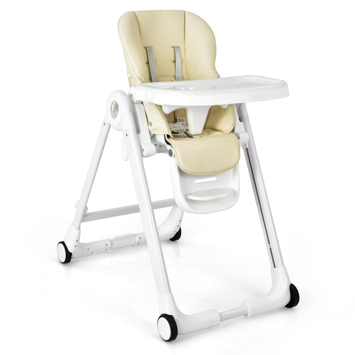 Baby Folding Convertible High Chair with Wheels and Adjustable Height-Beige-High Chairs-DECOROLALA