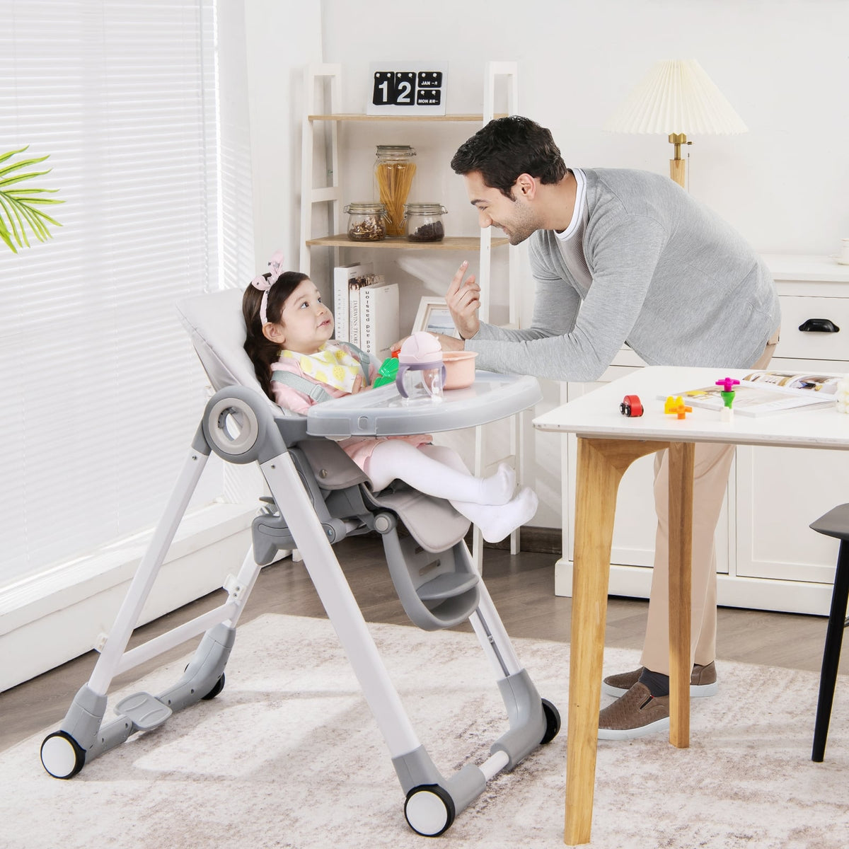 Baby Folding Convertible High Chair with Wheels and Adjustable Height-Gray-High Chairs-DECOROLALA