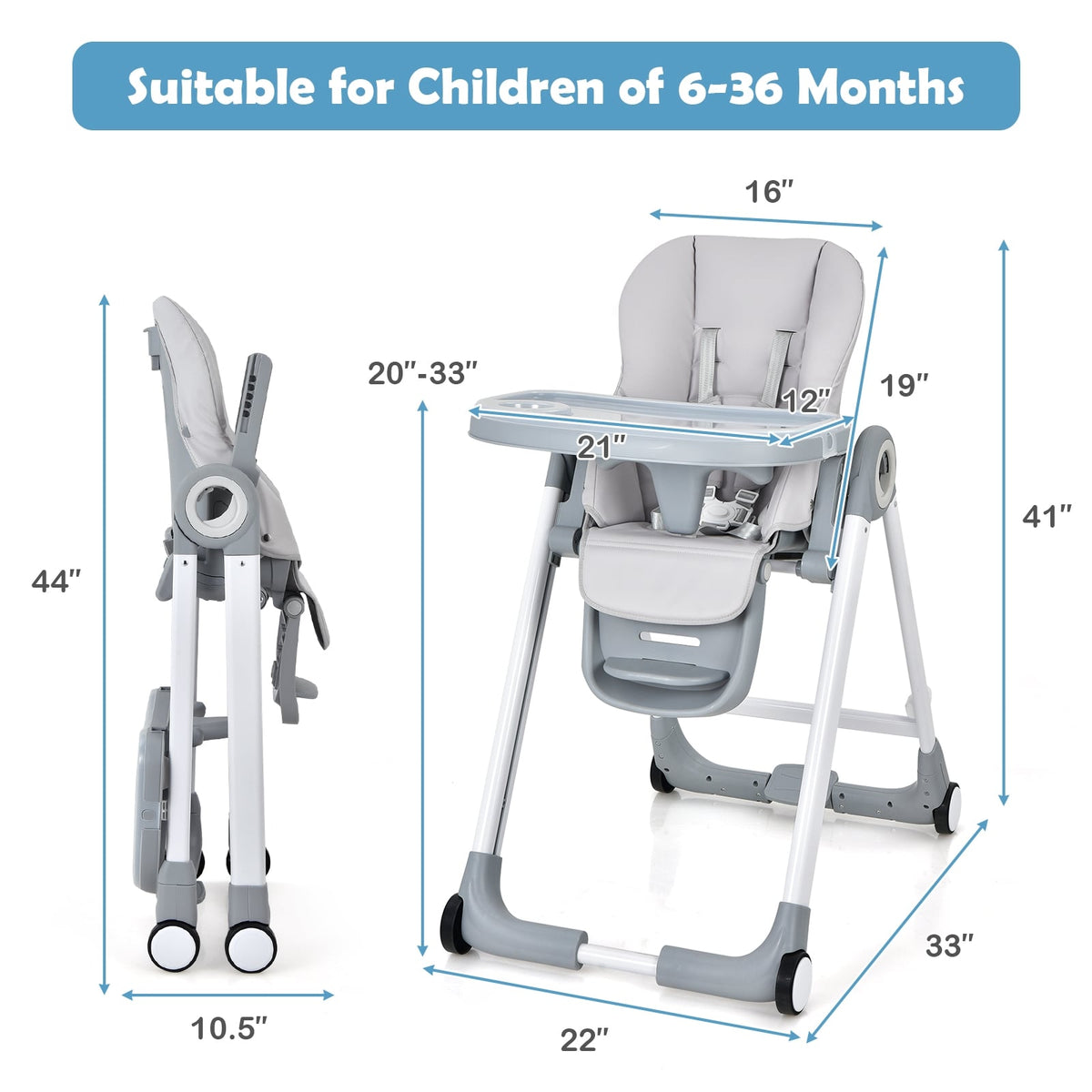 Baby Folding Convertible High Chair with Wheels and Adjustable Height-Gray-High Chairs-DECOROLALA