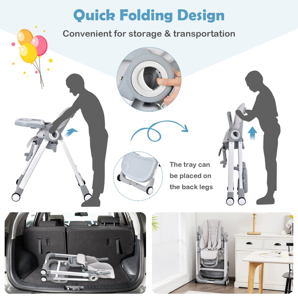 Baby Folding Convertible High Chair with Wheels and Adjustable Height-Gray-High Chairs-DECOROLALA