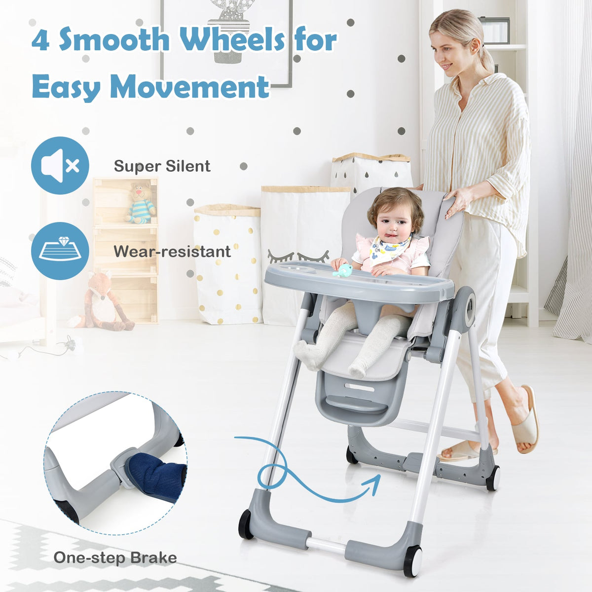 Baby Folding Convertible High Chair with Wheels and Adjustable Height-Gray-High Chairs-DECOROLALA