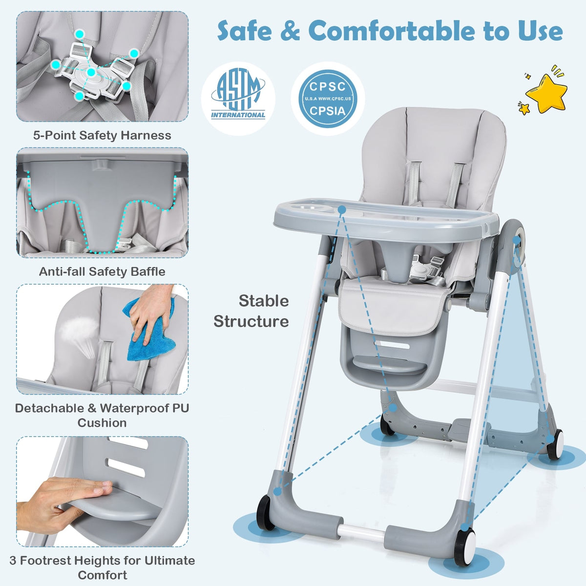 Baby Folding Convertible High Chair with Wheels and Adjustable Height-Gray-High Chairs-DECOROLALA