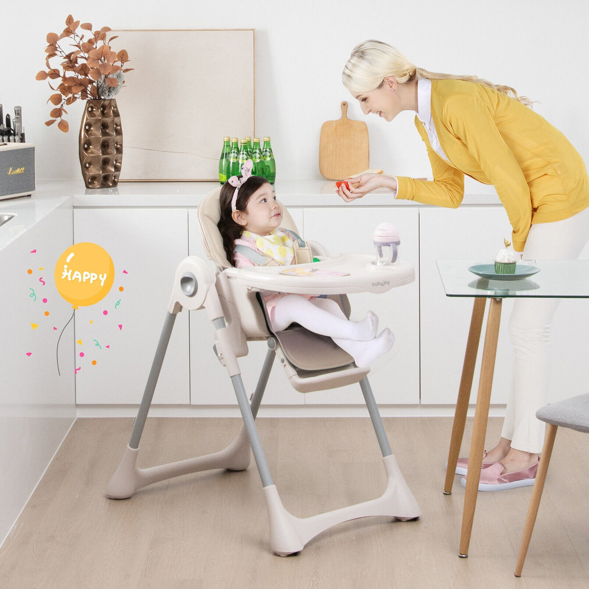 Baby Folding High Chair Dining Chair with Adjustable Height and Footrest-Beige-High Chairs-DECOROLALA