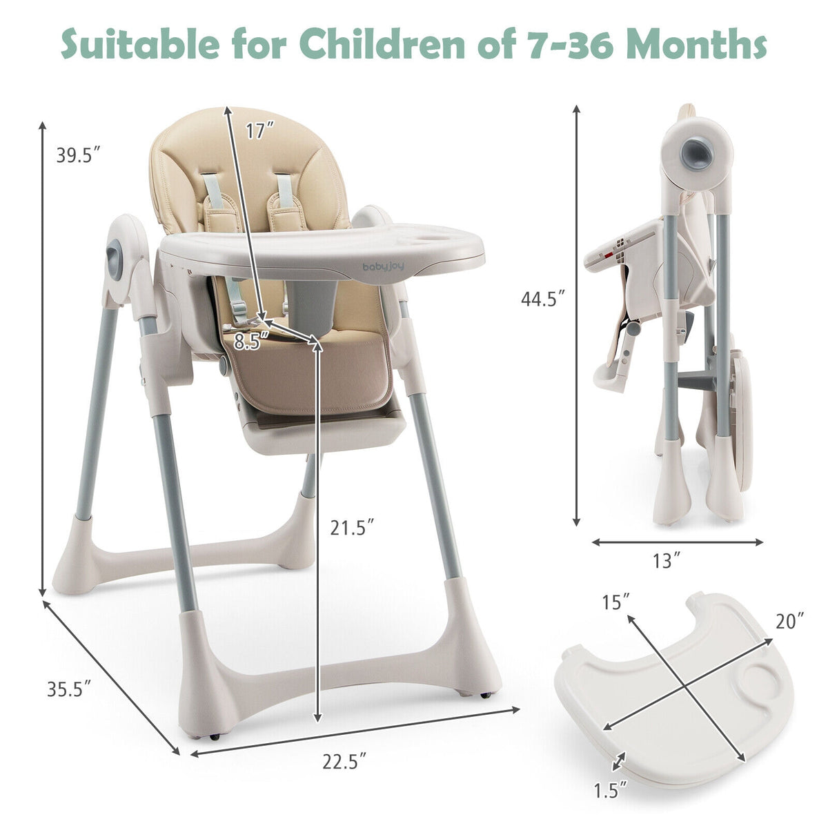 Baby Folding High Chair Dining Chair with Adjustable Height and Footrest-Beige-High Chairs-DECOROLALA