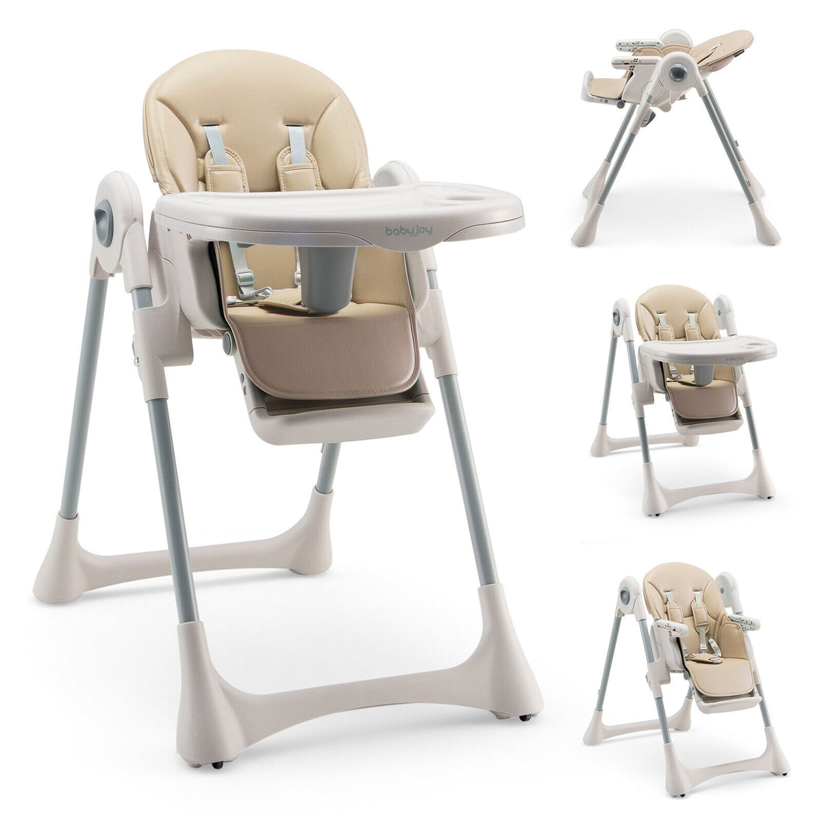 Baby Folding High Chair Dining Chair with Adjustable Height and Footrest-Beige-High Chairs-DECOROLALA