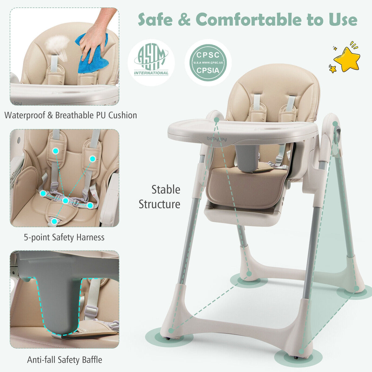 Baby Folding High Chair Dining Chair with Adjustable Height and Footrest-Beige-High Chairs-DECOROLALA