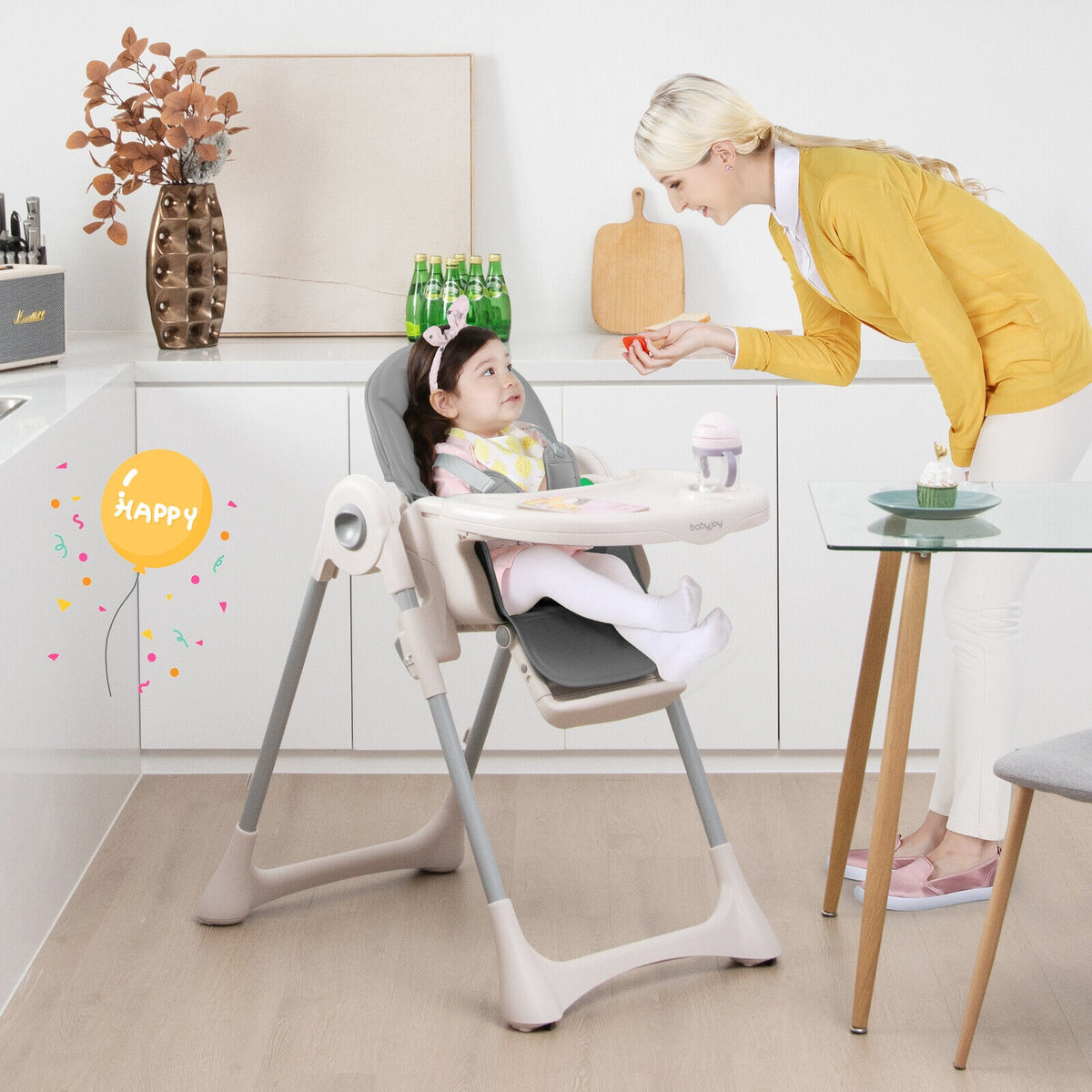 Baby Folding High Chair Dining Chair with Adjustable Height and Footrest-Gray-High Chairs-DECOROLALA