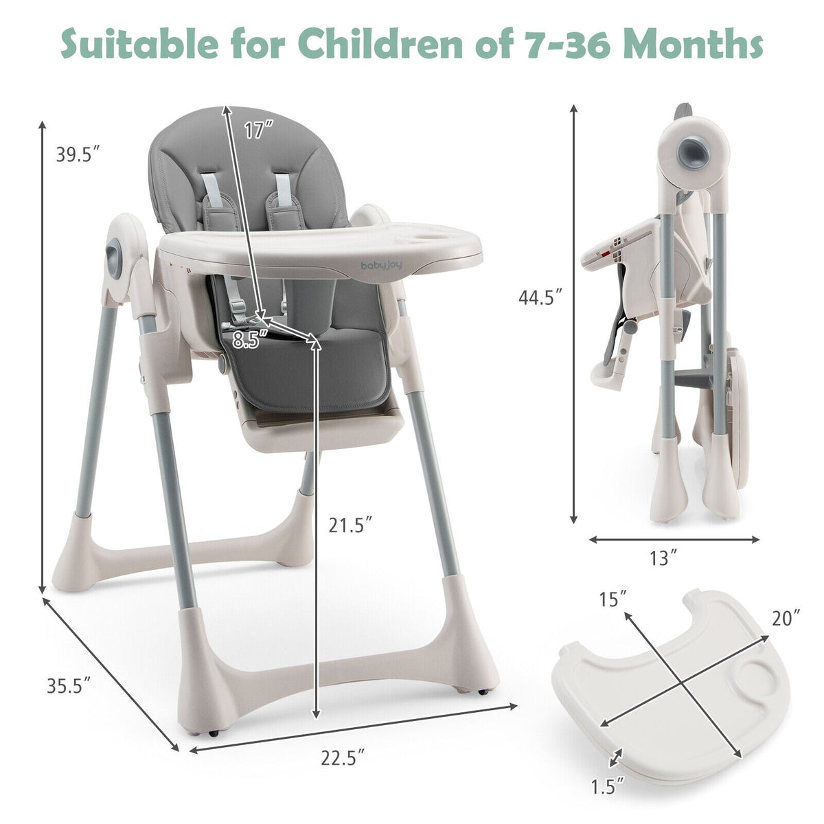 Baby Folding High Chair Dining Chair with Adjustable Height and Footrest-Gray-High Chairs-DECOROLALA