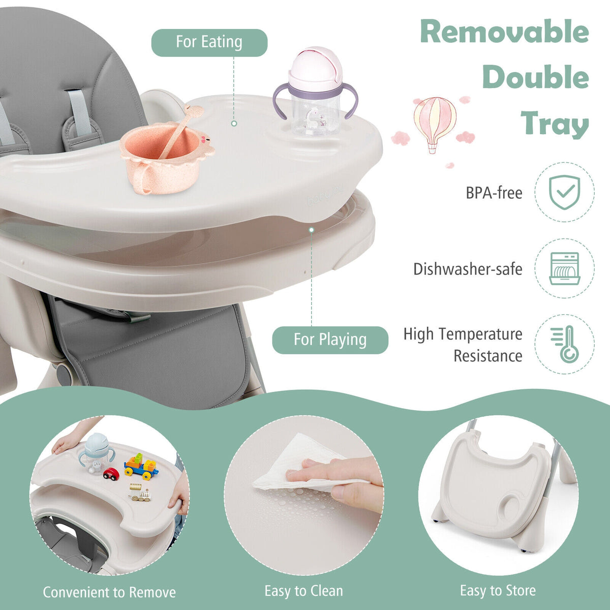 Baby Folding High Chair Dining Chair with Adjustable Height and Footrest-Gray-High Chairs-DECOROLALA