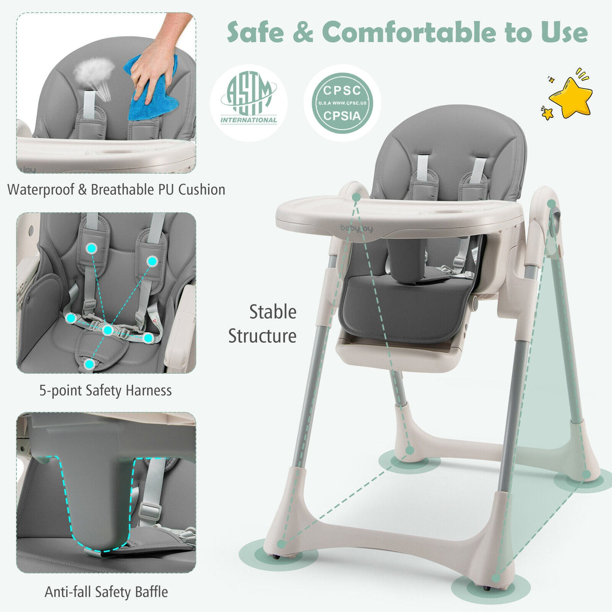 Baby Folding High Chair Dining Chair with Adjustable Height and Footrest-Gray-High Chairs-DECOROLALA