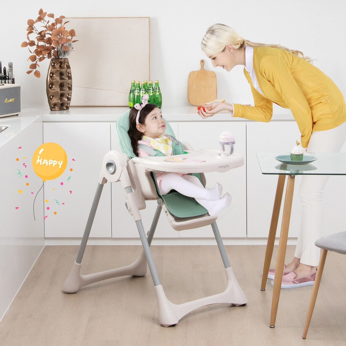 Baby Folding High Chair Dining Chair with Adjustable Height and Footrest-Green-High Chairs-DECOROLALA