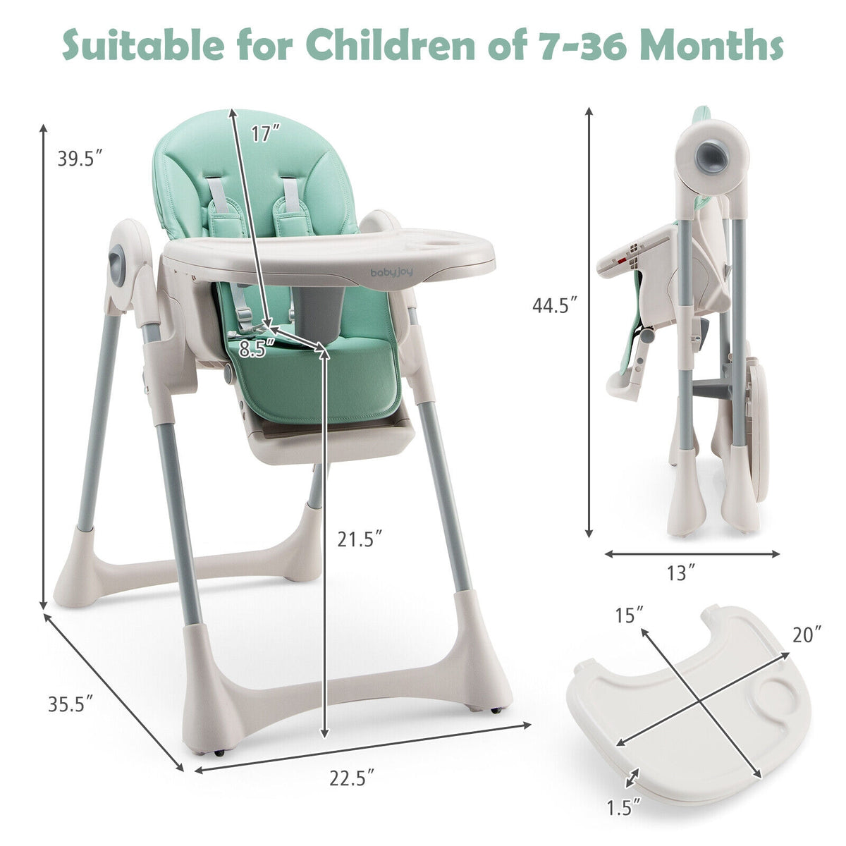 Baby Folding High Chair Dining Chair with Adjustable Height and Footrest-Green-High Chairs-DECOROLALA