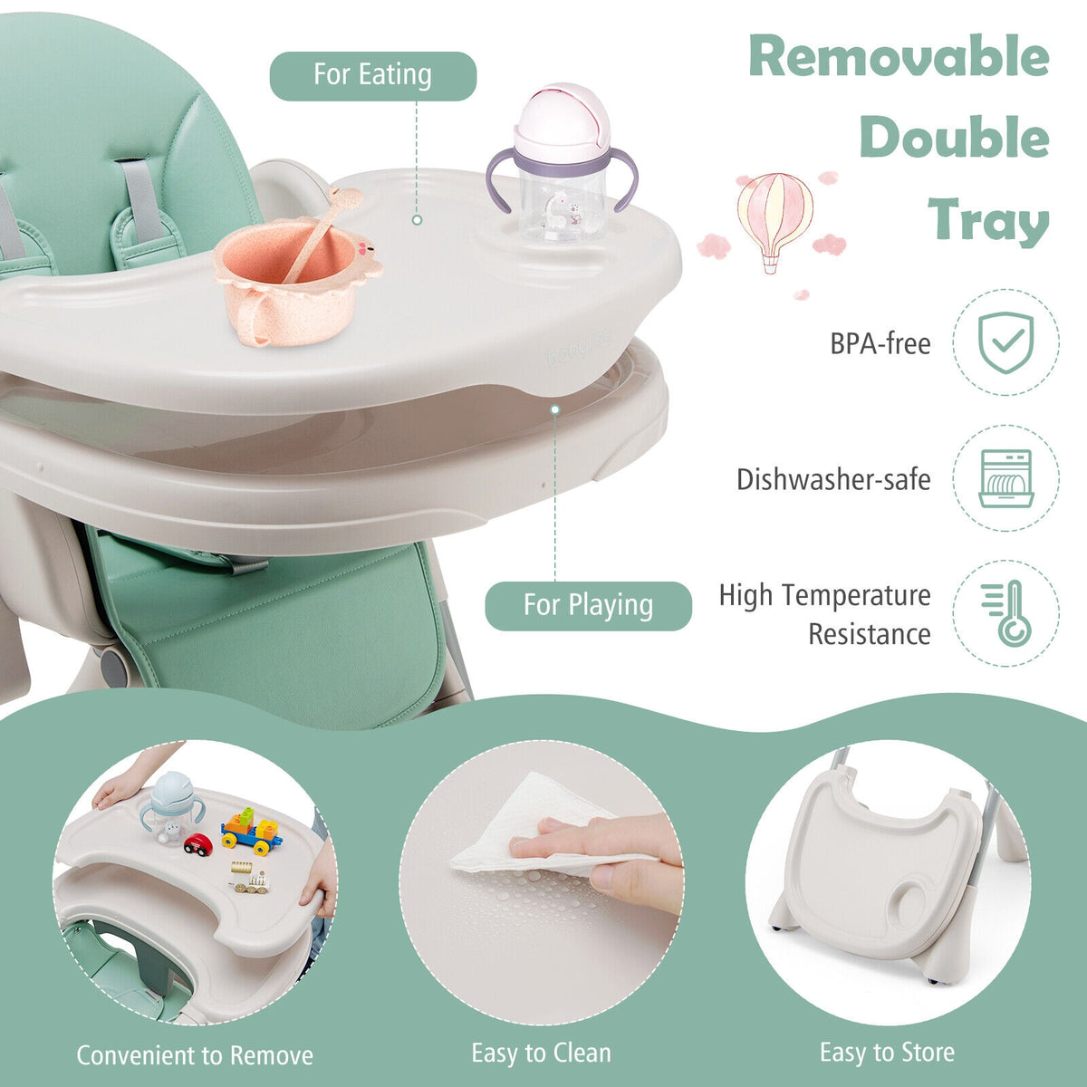 Baby Folding High Chair Dining Chair with Adjustable Height and Footrest-Green-High Chairs-DECOROLALA