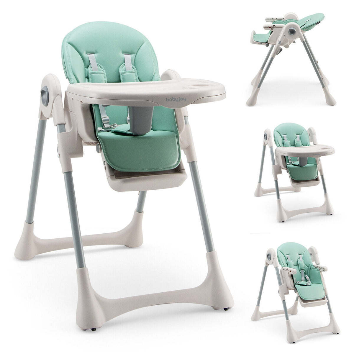 Baby Folding High Chair Dining Chair with Adjustable Height and Footrest-Green-High Chairs-DECOROLALA