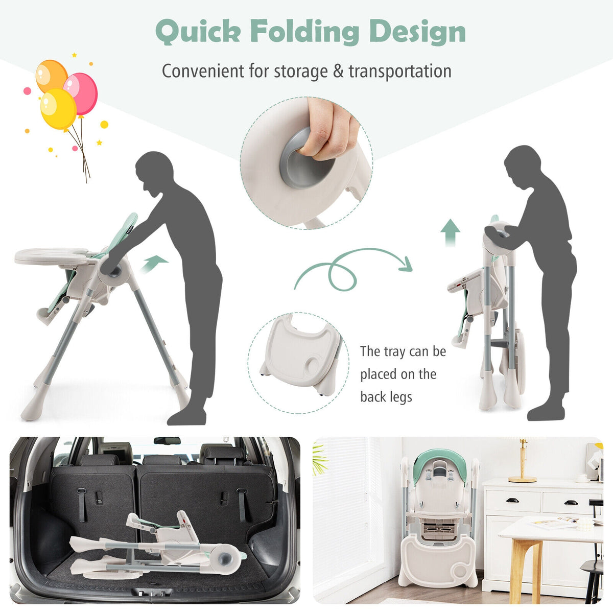 Baby Folding High Chair Dining Chair with Adjustable Height and Footrest-Green-High Chairs-DECOROLALA