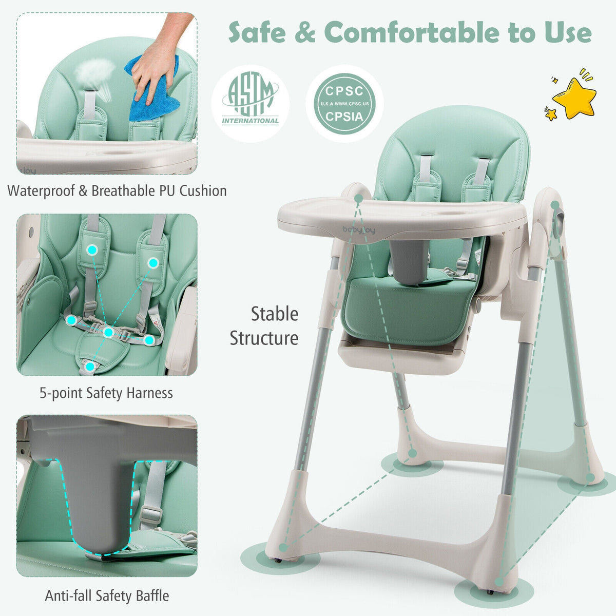 Baby Folding High Chair Dining Chair with Adjustable Height and Footrest-Green-High Chairs-DECOROLALA