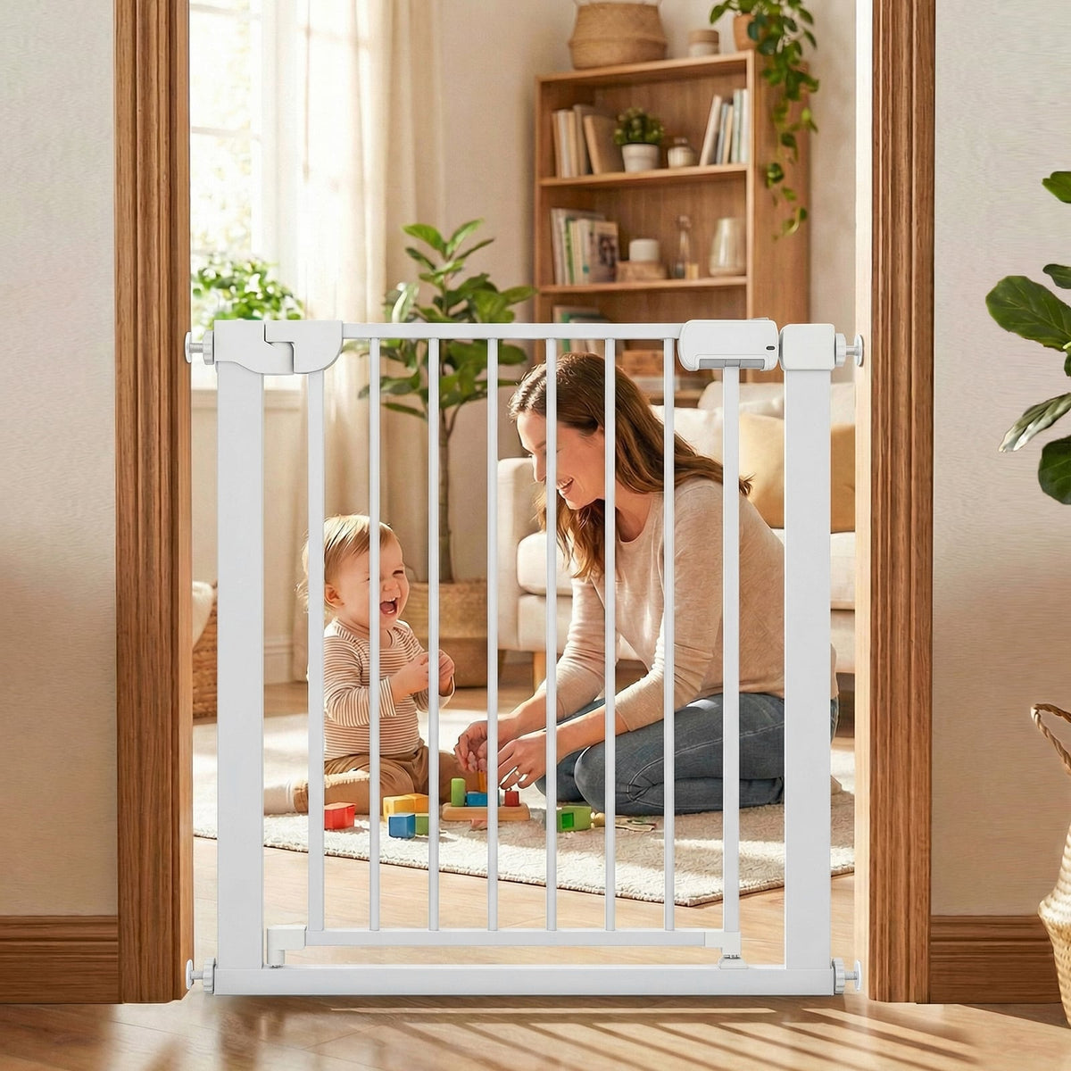 Baby Gate for Stairs Pressure Mounted Auto-Close Door Gate-White-Pet Gates-DECOROLALA