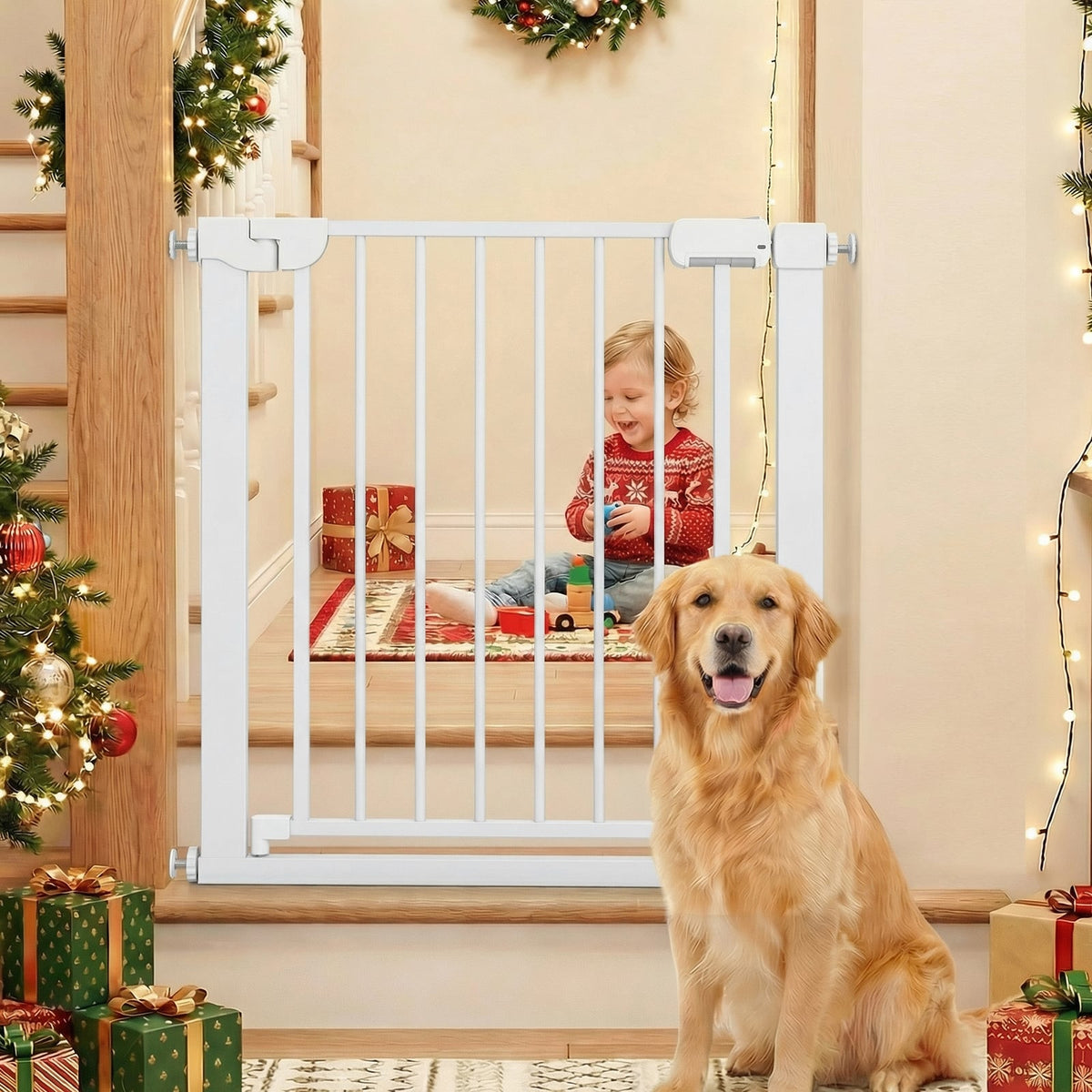 Baby Gate for Stairs Pressure Mounted Auto-Close Door Gate-White-Pet Gates-DECOROLALA