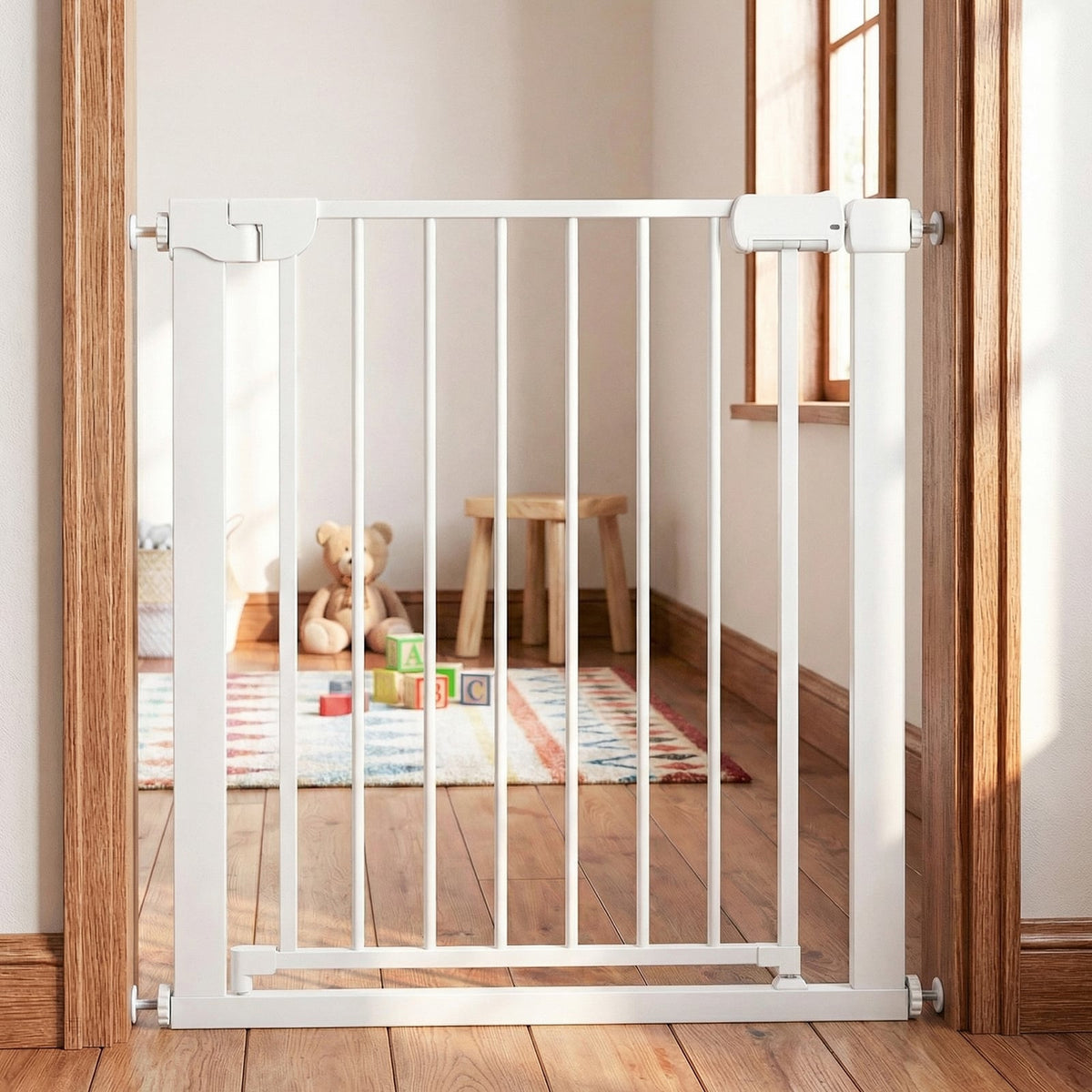 Baby Gate for Stairs Pressure Mounted Auto-Close Door Gate-White-Pet Gates-DECOROLALA