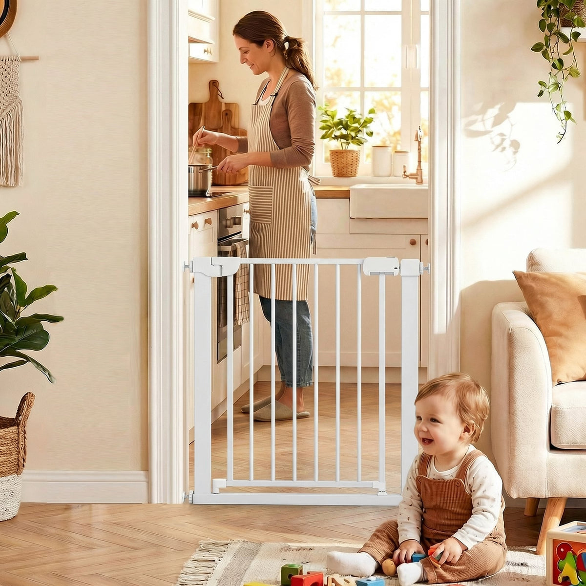 Baby Gate for Stairs Pressure Mounted Auto-Close Door Gate-White-Pet Gates-DECOROLALA