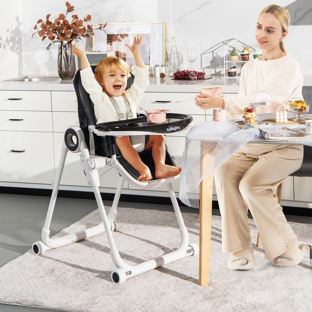 Baby High Chair Foldable Feeding Chair with 4 Lockable Wheels-Black-High Chairs-DECOROLALA