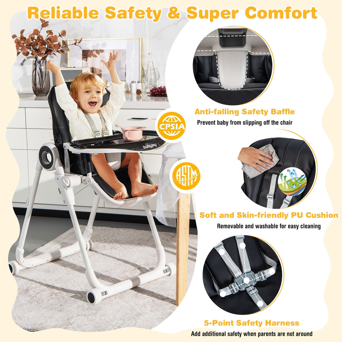 Baby High Chair Foldable Feeding Chair with 4 Lockable Wheels-Black-High Chairs-DECOROLALA