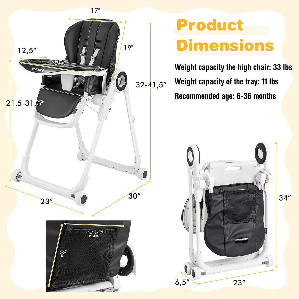 Baby High Chair Foldable Feeding Chair with 4 Lockable Wheels-Black-High Chairs-DECOROLALA