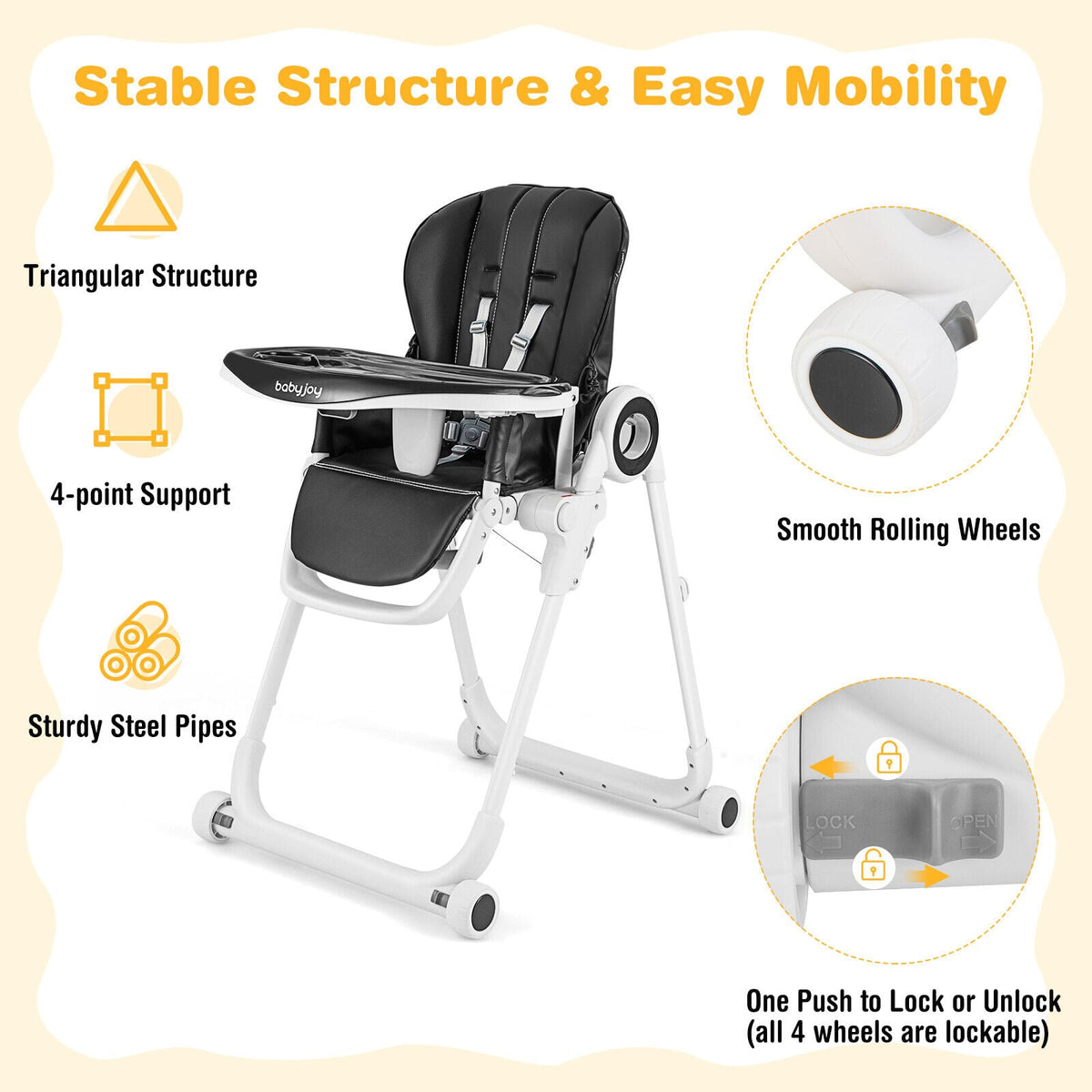 Baby High Chair Foldable Feeding Chair with 4 Lockable Wheels-Black-High Chairs-DECOROLALA