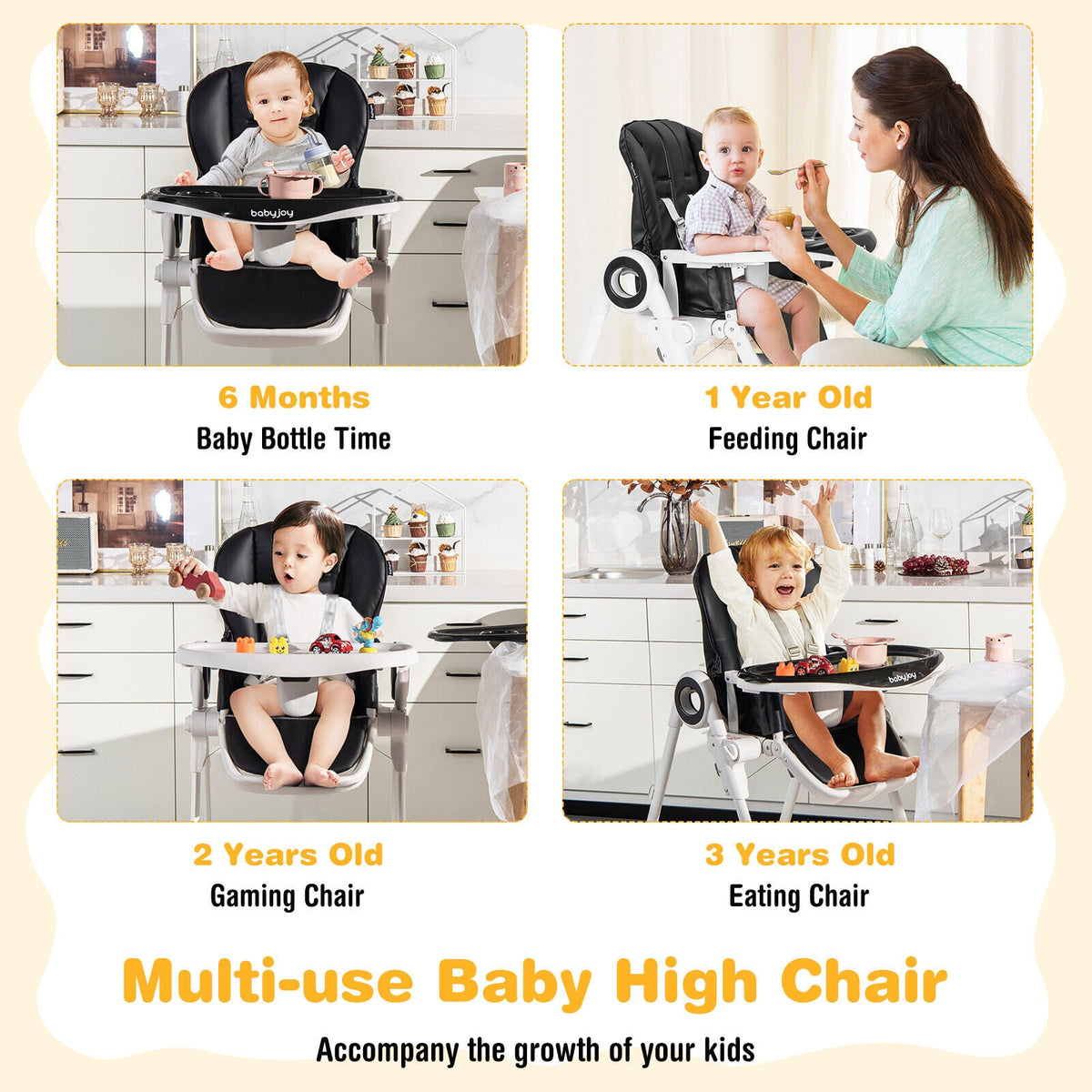 Baby High Chair Foldable Feeding Chair with 4 Lockable Wheels-Black-High Chairs-DECOROLALA