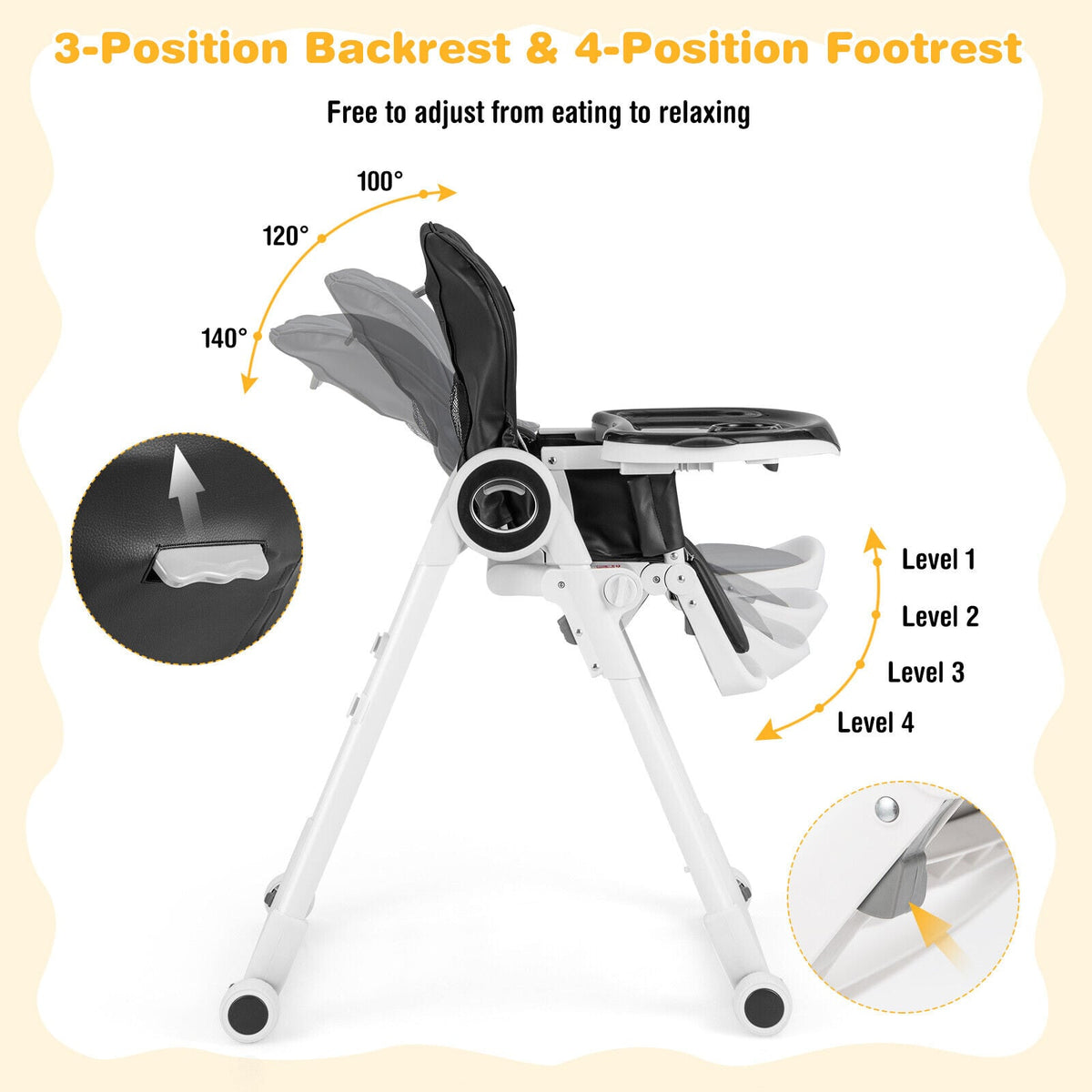 Baby High Chair Foldable Feeding Chair with 4 Lockable Wheels-Black-High Chairs-DECOROLALA