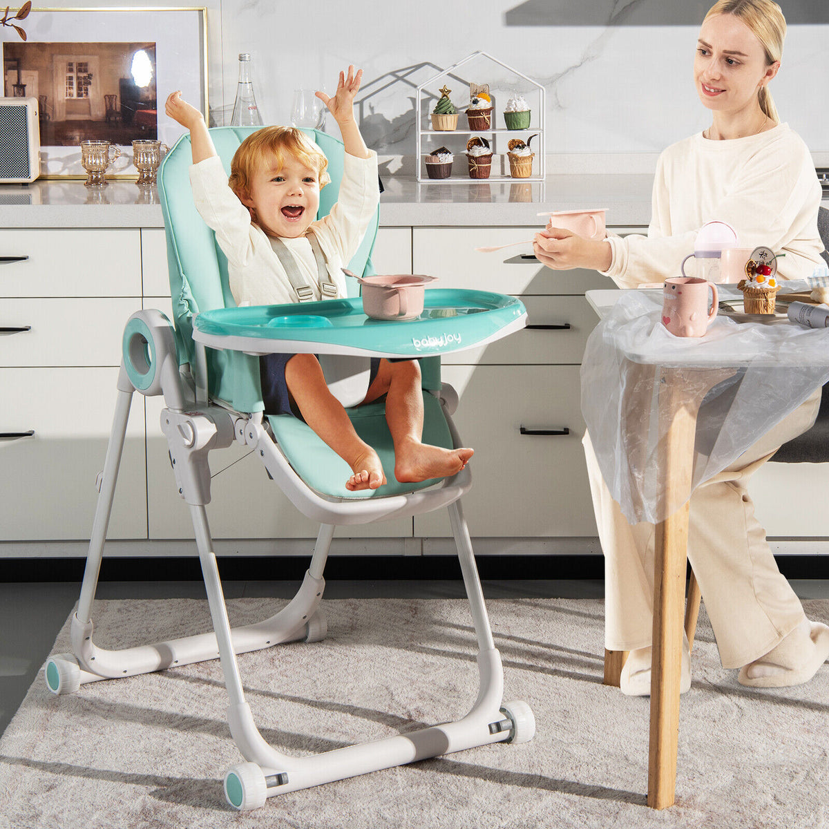 Baby High Chair Foldable Feeding Chair with 4 Lockable Wheels-Green-High Chairs-DECOROLALA