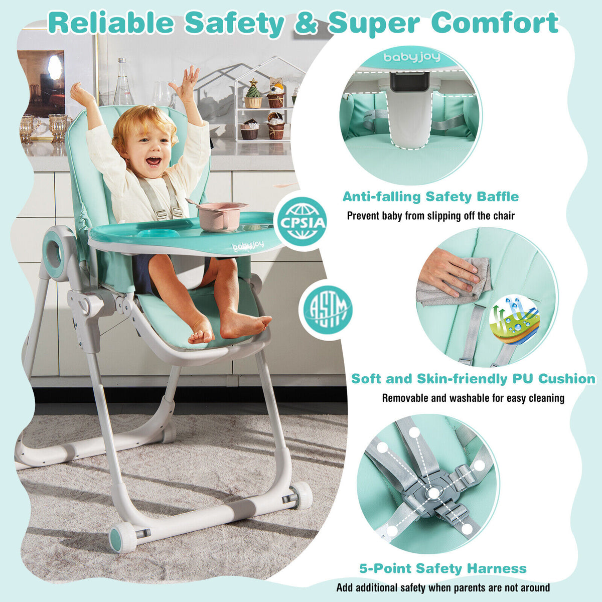 Baby High Chair Foldable Feeding Chair with 4 Lockable Wheels-Green-High Chairs-DECOROLALA
