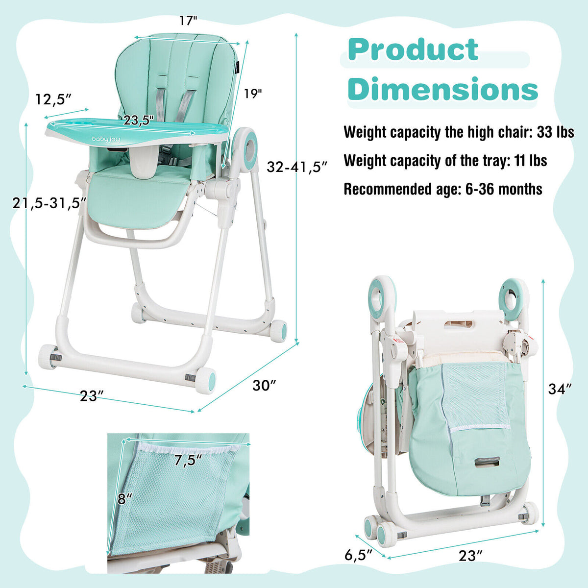 Baby High Chair Foldable Feeding Chair with 4 Lockable Wheels-Green-High Chairs-DECOROLALA