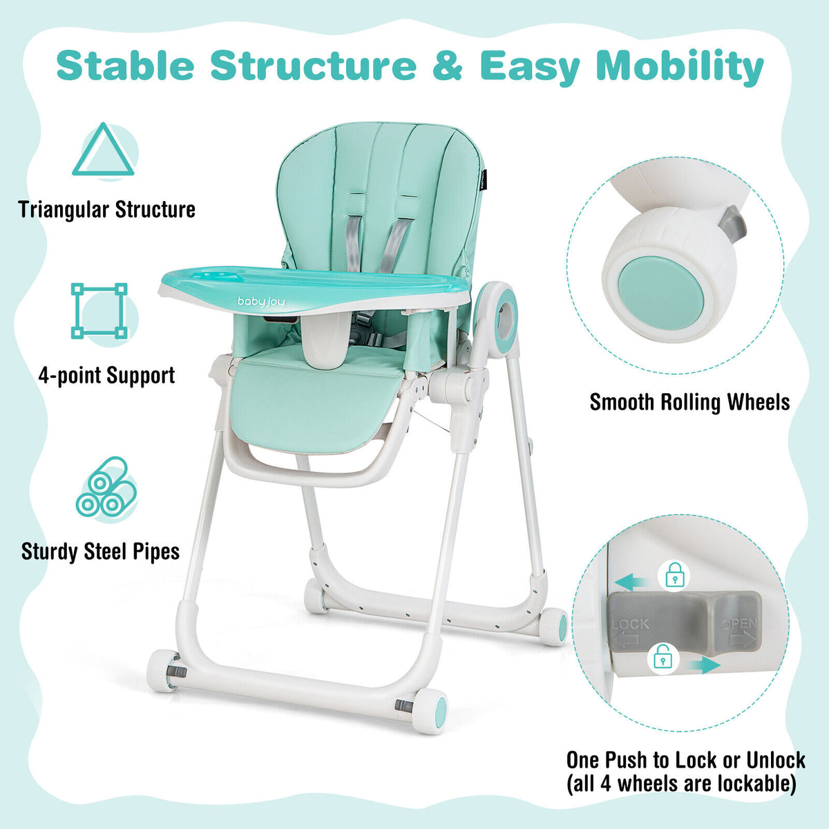Baby High Chair Foldable Feeding Chair with 4 Lockable Wheels-Green-High Chairs-DECOROLALA