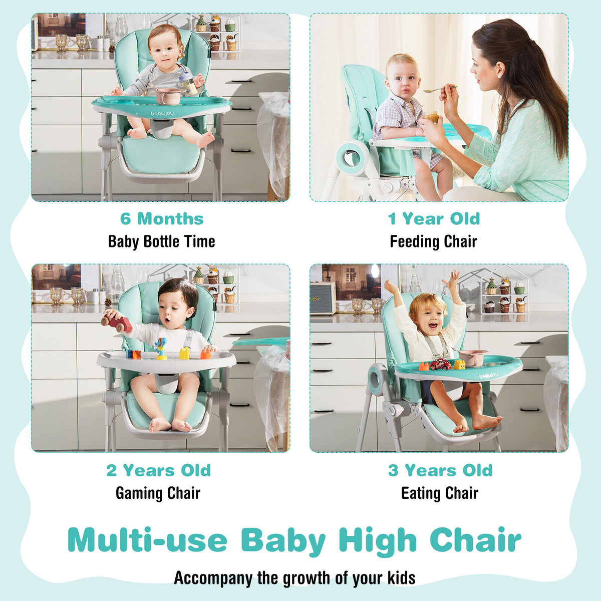 Baby High Chair Foldable Feeding Chair with 4 Lockable Wheels-Green-High Chairs-DECOROLALA