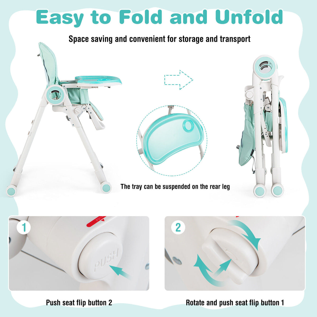Baby High Chair Foldable Feeding Chair with 4 Lockable Wheels-Green-High Chairs-DECOROLALA