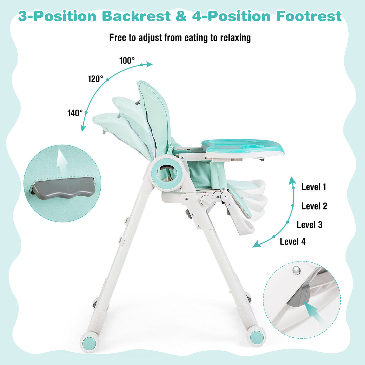 Baby High Chair Foldable Feeding Chair with 4 Lockable Wheels-Green-High Chairs-DECOROLALA